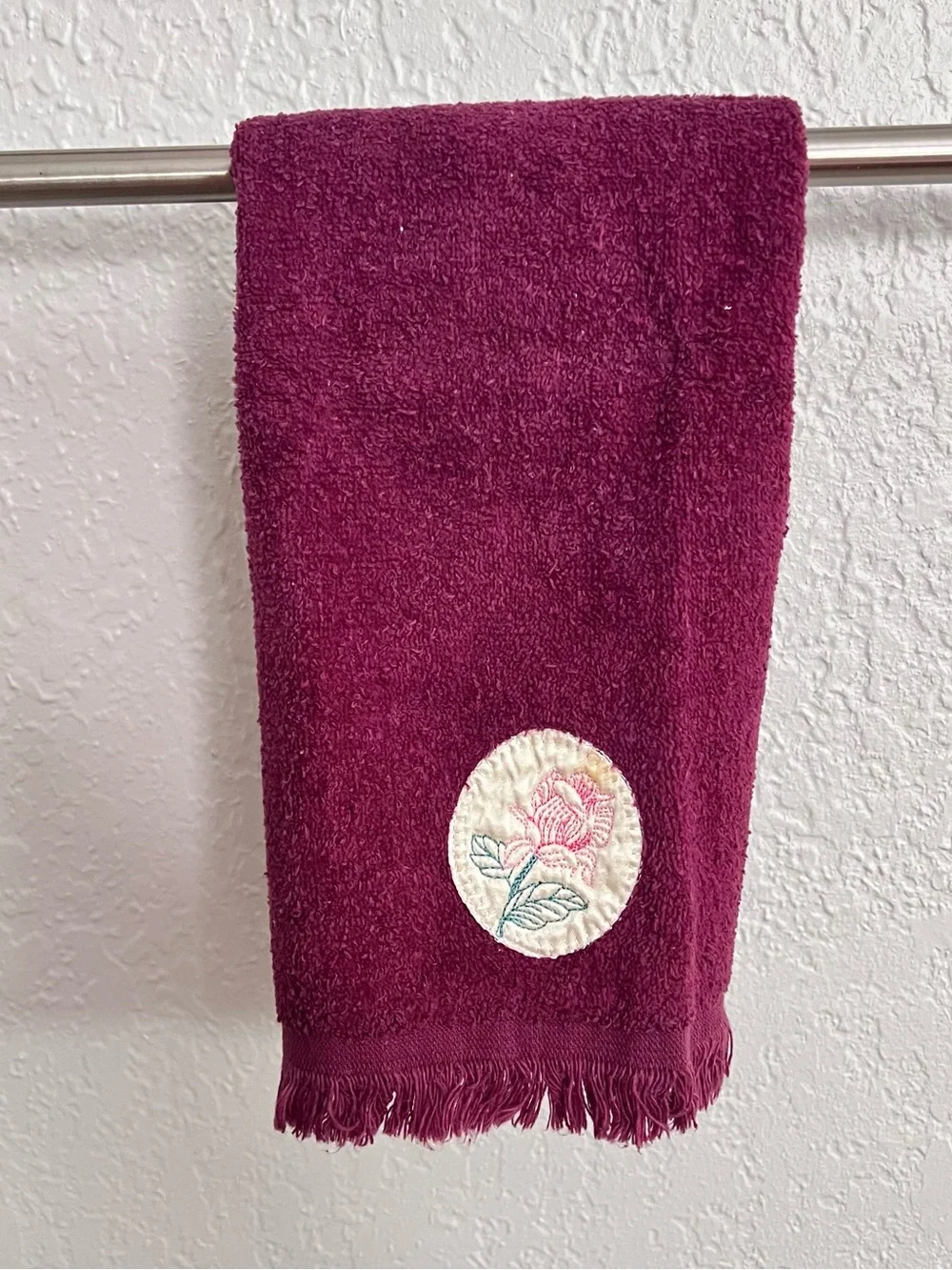 Vintage Cannon Burgundy Rose Embroidered Hand Towel Made USA